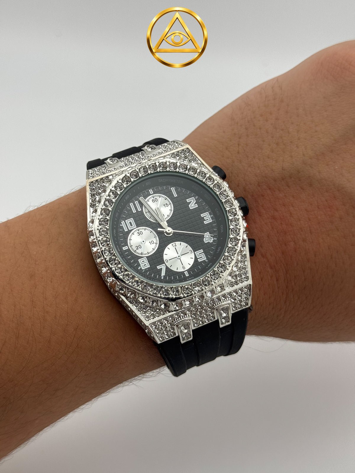 ROYAL ICED WATCH BLACK TACHYMETER — Reloj Octagonal Iced Out Cronógrafo Fondo Negro