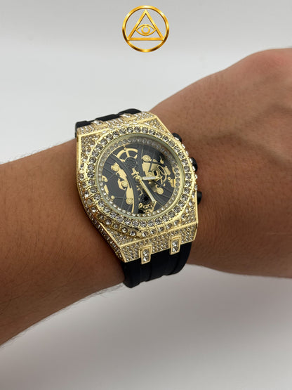 ROYAL ICED WATCH BLACK DIAL — Reloj Octagonal Skeleton Iced Out Fondo Negro