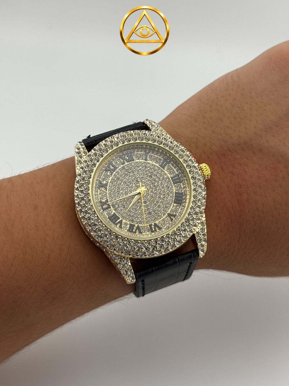 ROMAN ICED WATCH BLACK NUMERALS — Reloj Redondo Numerales Romanos Negros Correa Cuero