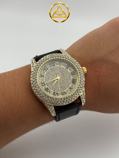 ROMAN ICED WATCH BLACK NUMERALS — Reloj Redondo Numerales Romanos Negros Correa Cuero
