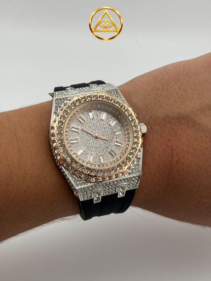 ROYAL ICED WATCH TWO TONE ROSE — Reloj Octagonal Iced Out Plata y Rosa
