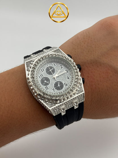 ROYAL ICED WATCH SILVER CHRONO — Reloj Octagonal Iced Out Cronógrafo Plata Total
