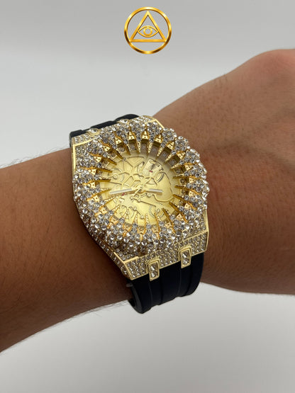SUNBURST ICED WATCH GOLD — Reloj Tonneau Skeleton Iced Out Oro Total