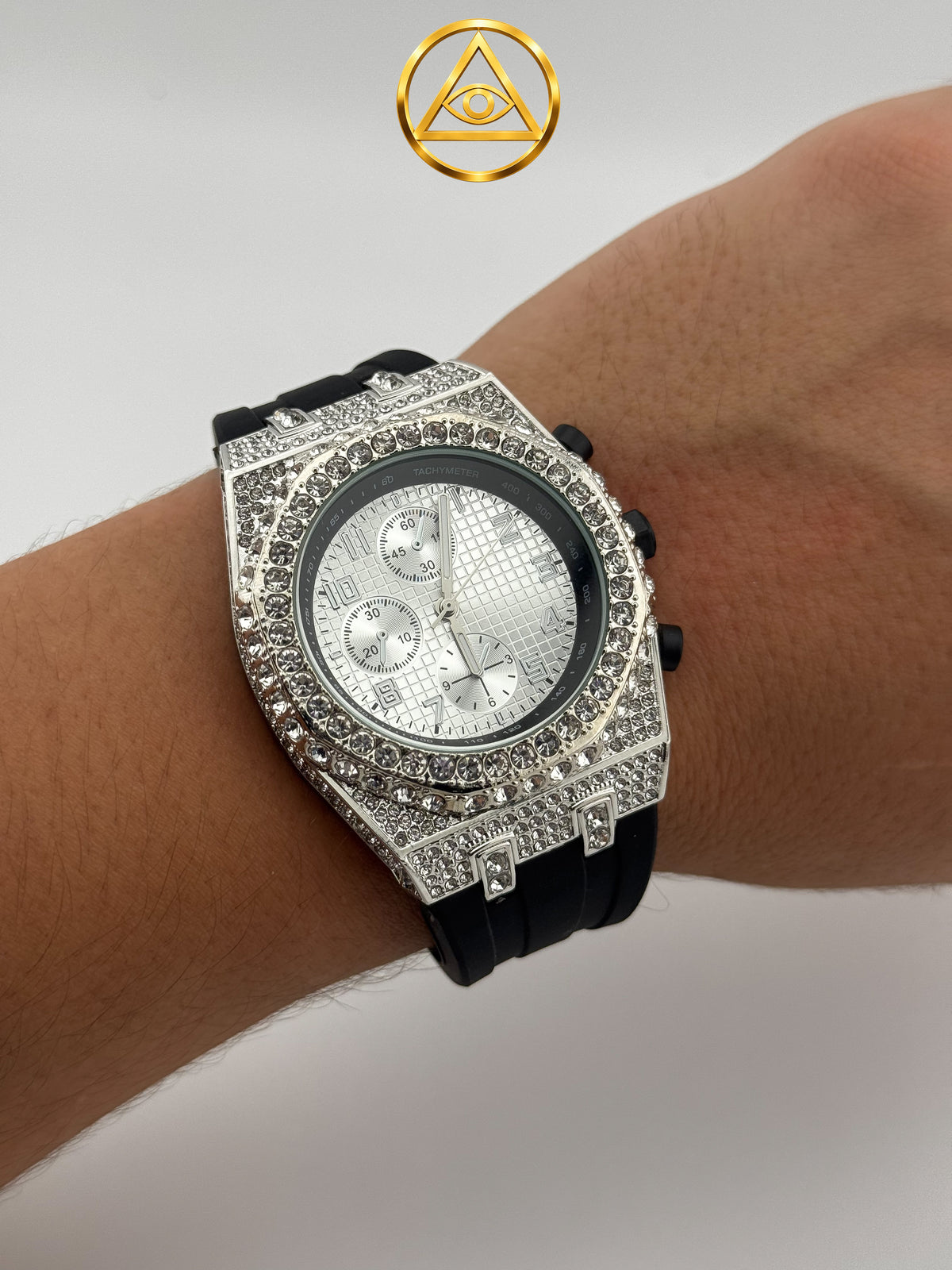 ROYAL ICED WATCH TACHYMETER — Reloj Octagonal Iced Out Cronógrafo Plata