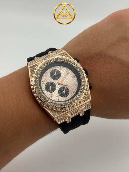ROYAL ICED WATCH ROSE CHRONO — Reloj Octagonal Iced Out Cronógrafo Oro Rosa