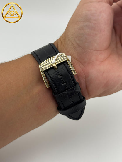 ROMAN ICED WATCH BLACK NUMERALS — Reloj Redondo Numerales Romanos Negros Correa Cuero
